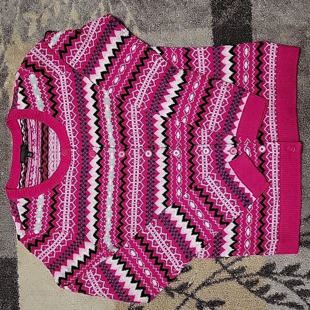 Talbots Cardigan Sweater Womens XS Pink Fair Isle Lambswool Nylon Blend NEW